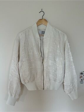 80s Cream Satin-Texture Bomber Jacket